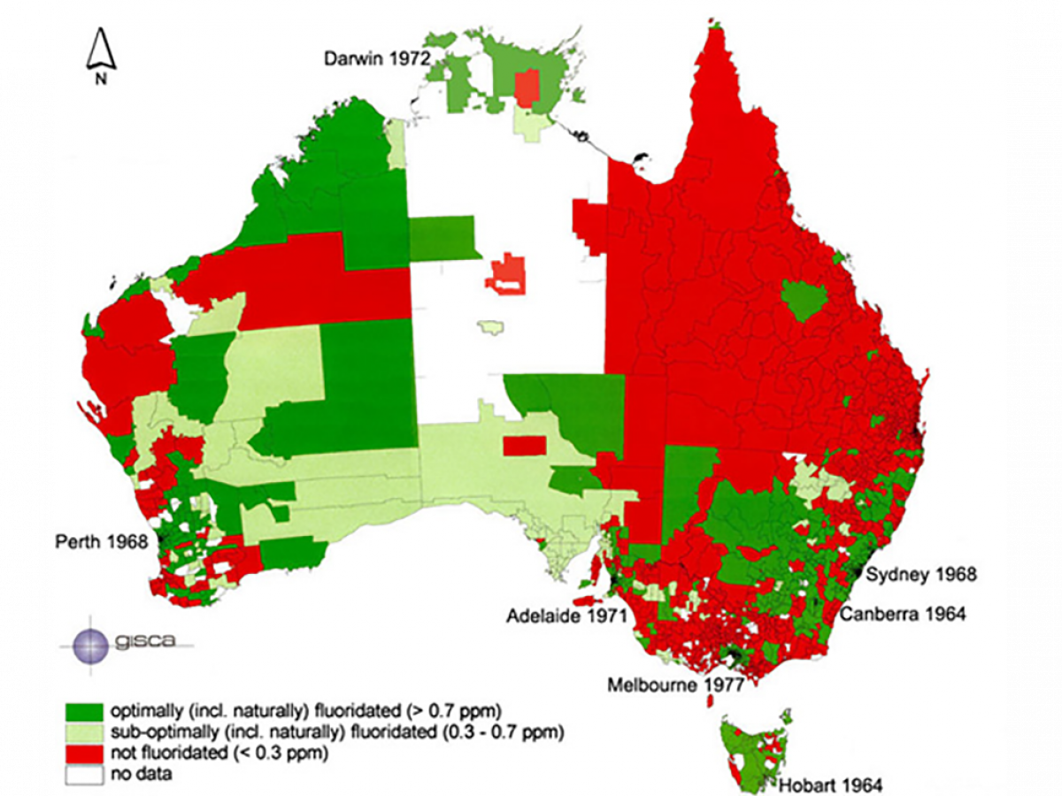 A map of Australia showing concentrations of fluoride from 1964-1977 using different colours