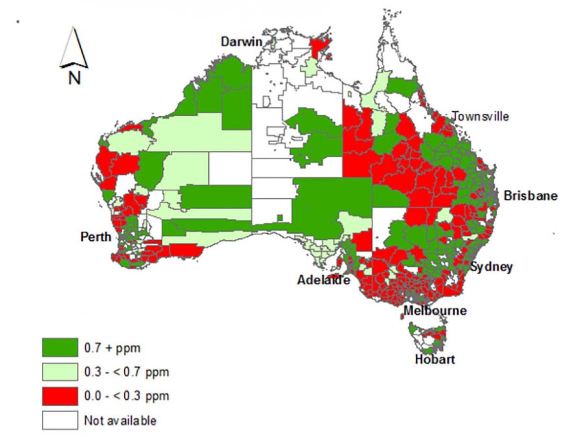A map of Australia showing concentrations of fluoride in 2012 using different colours