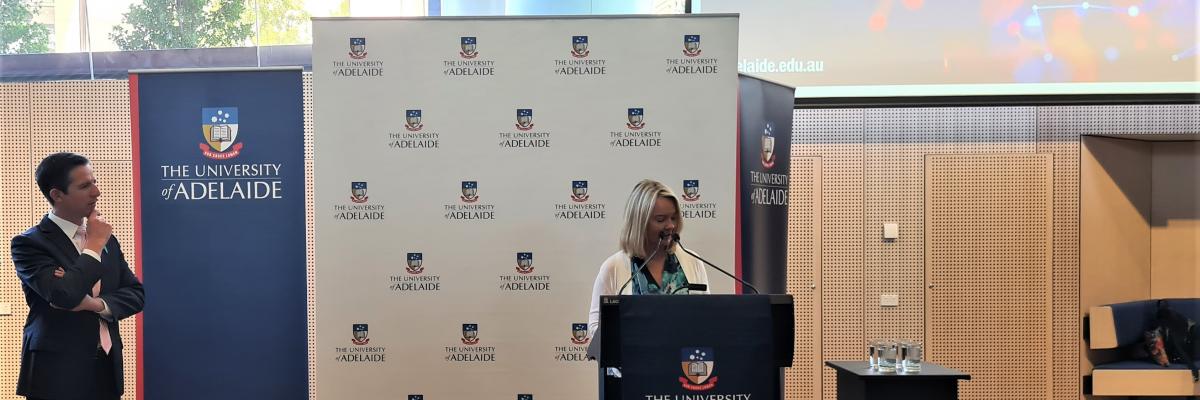 Theresa Hickey presenting at the Ovarian Cancer Australia Morning Teal event 2021