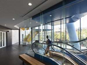 Person walking up escalators in the AHMS building