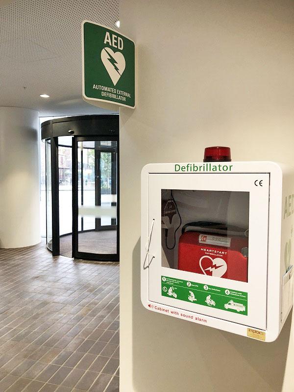 Automated External Defibrillator on the wall in the ground floor foyer of the Adelaide Health and Medical Sciences building