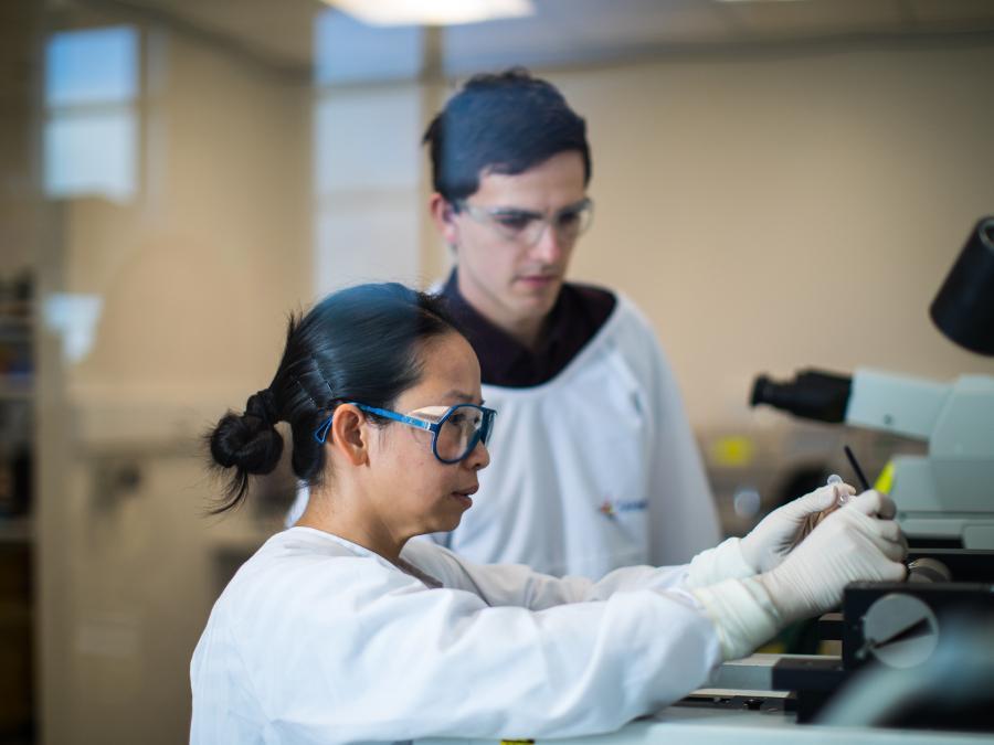 male and female researcher in lab goats and protective glasses, looking at equipment