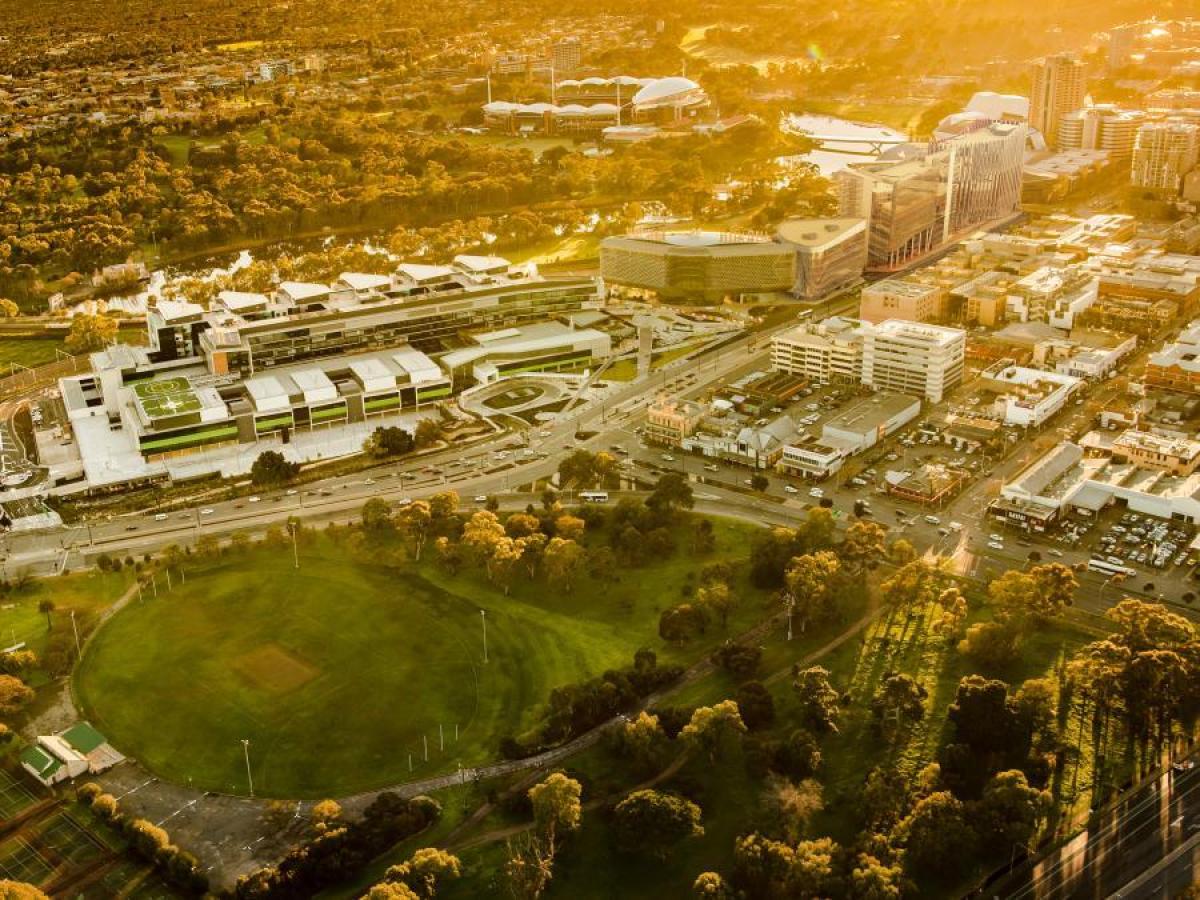 Aerial view of Adelaide BioMed City at dusk