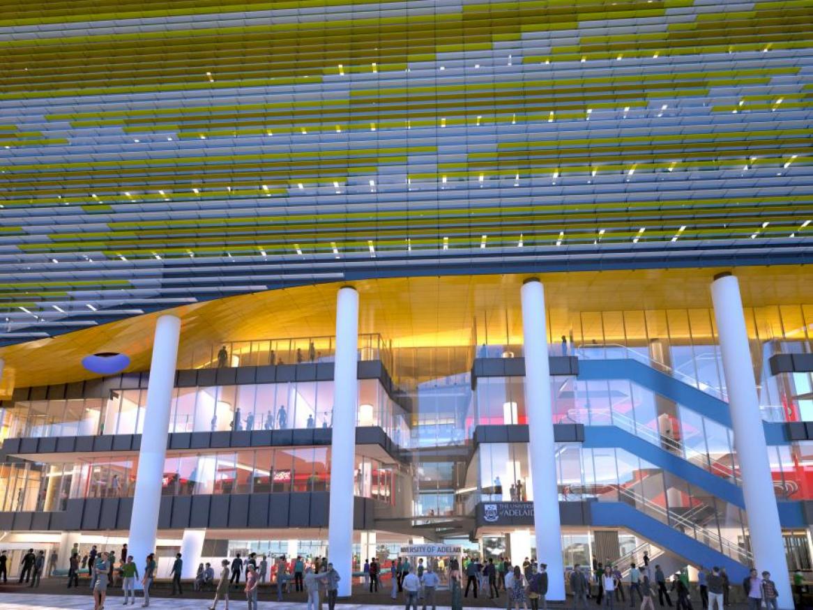 Adelaide Health and Medical Sciences building entrance at night