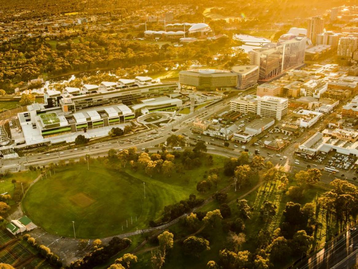Aerial view of Adelaide BioMed City at dusk