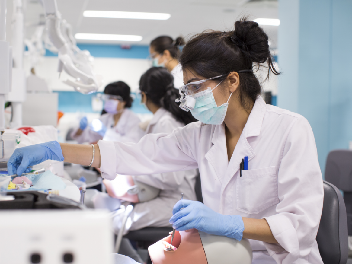 Student in dental simulation clinic assessing teeth of simulated patient